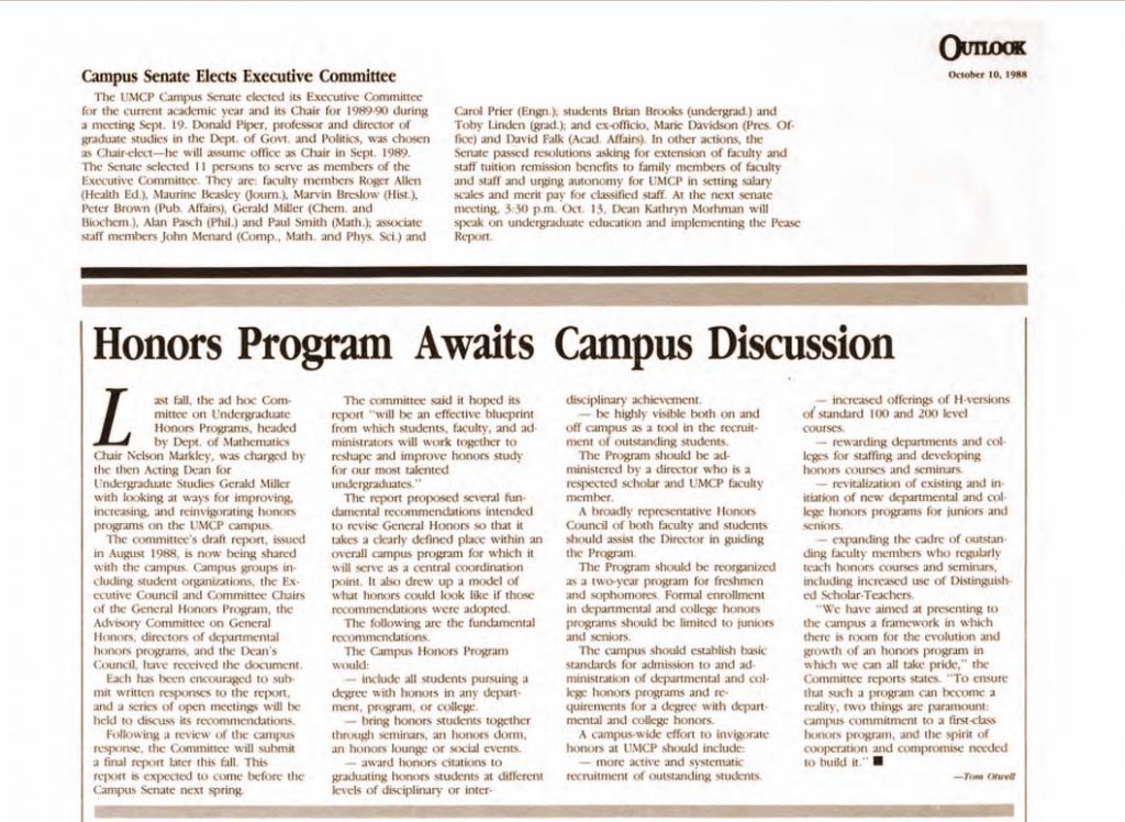Article about Honors Program 1988