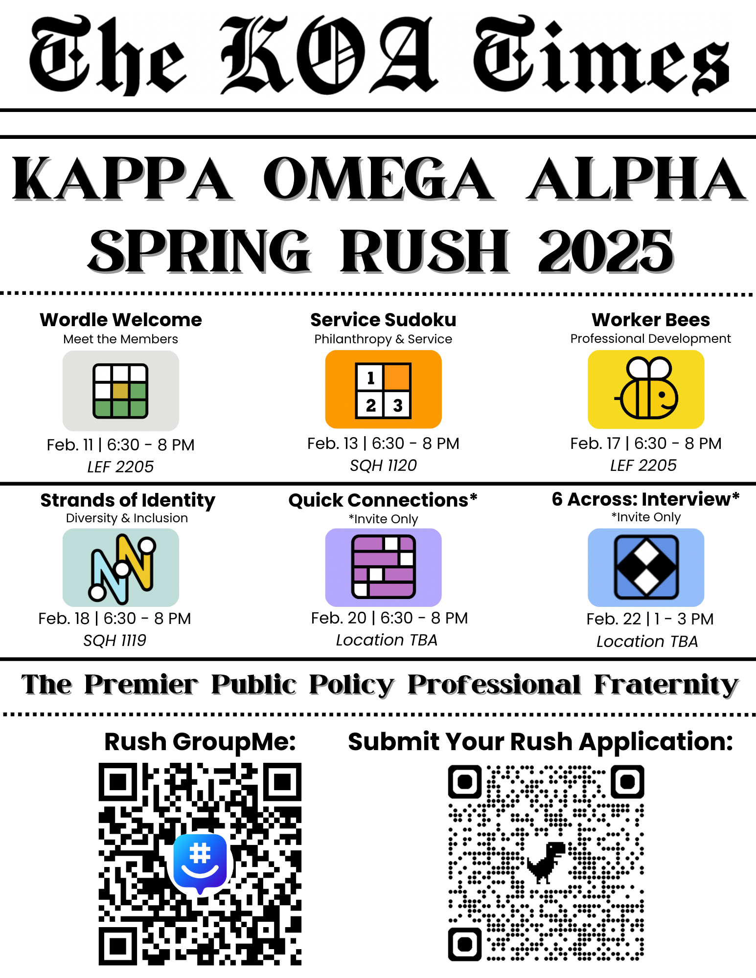 Kappa Omega Alpha schedule flyer